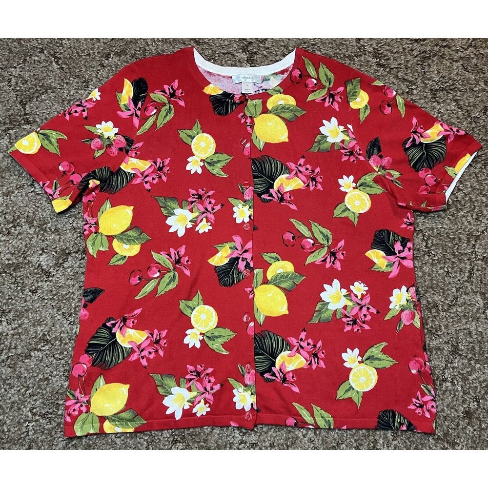 CJ Banks‎ Top Womens 1X Red Floral Fruit AOP Knit Button Up